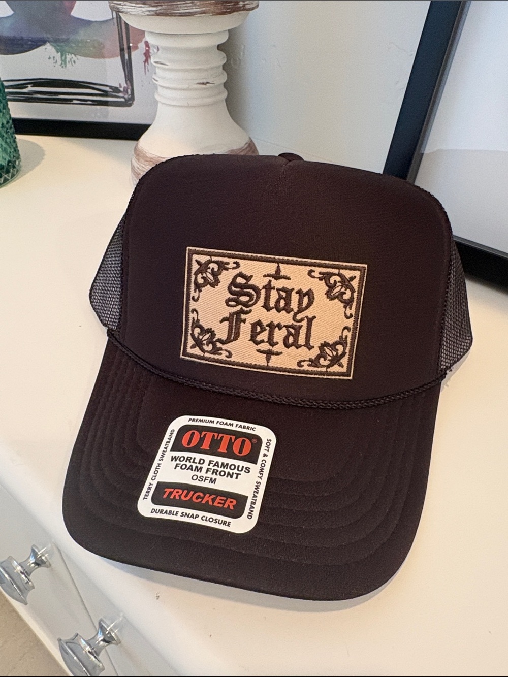 OTTO Brown Trucker Hat with Tan 'Stay Feral' Patch